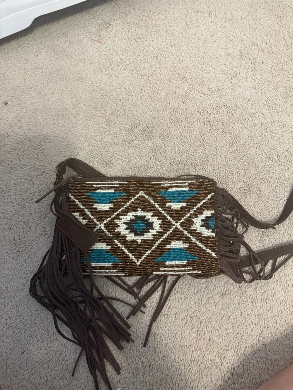 Brown Aztec Crossbody Bag with Turquoise Accents
